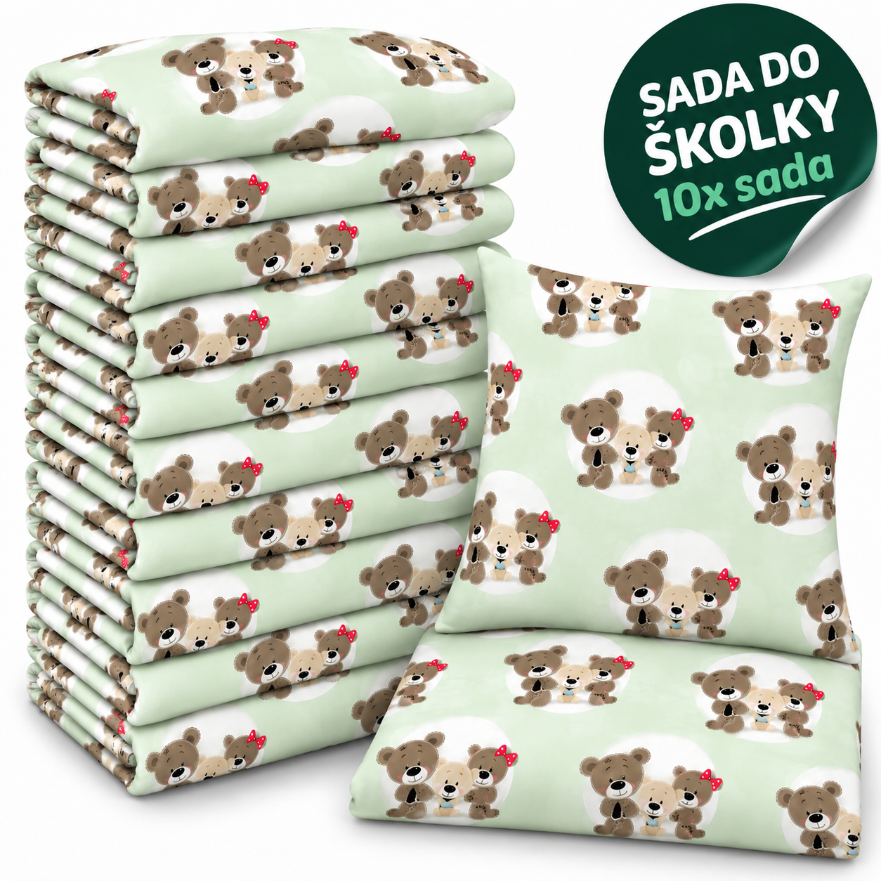VÝHODNÁ SADA 10× bavlněné dětské povlečení – Medvědí rodinka, mátová