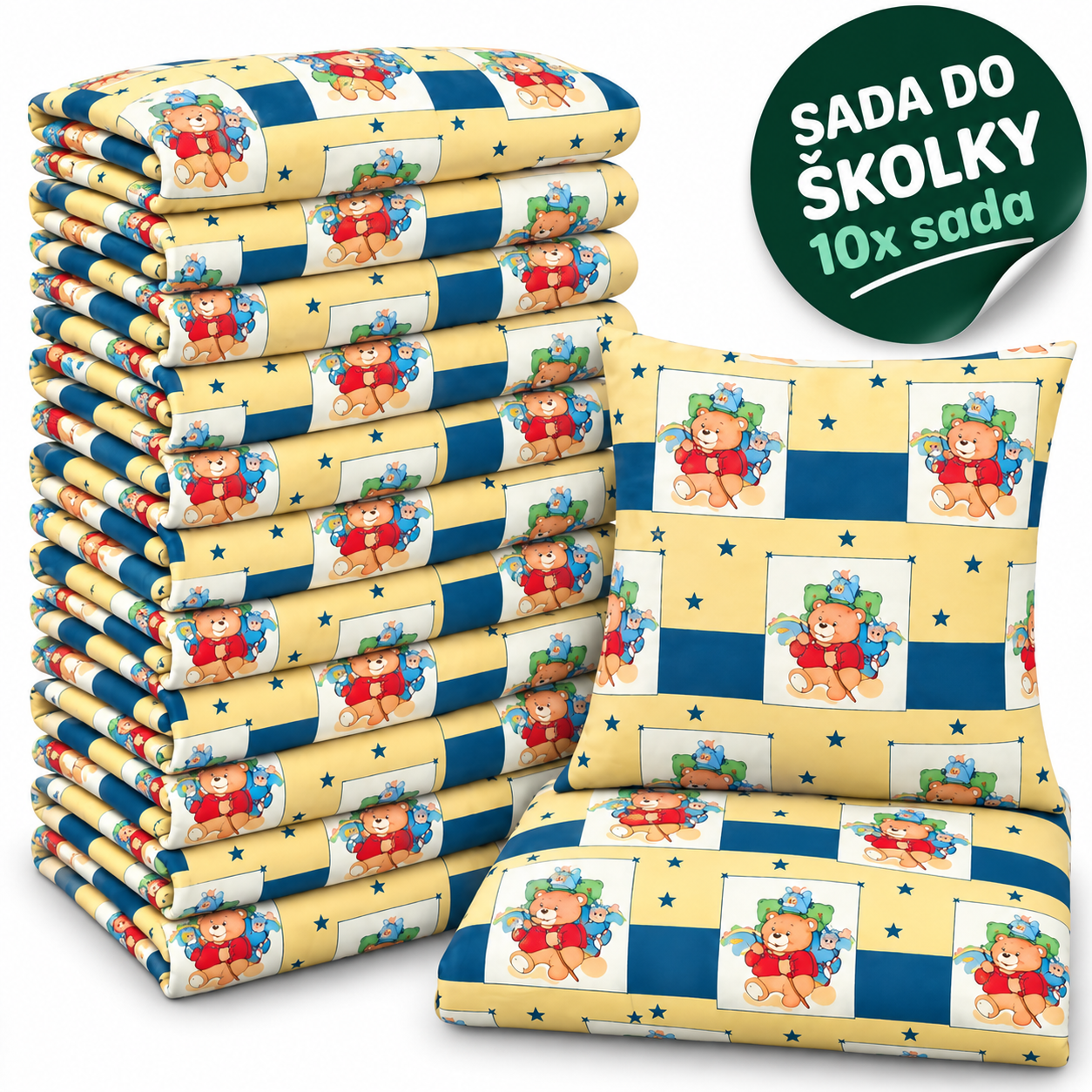 VÝHODNÁ SADA 10× bavlněné dětské povlečení – Medvídci ve čtvercích
