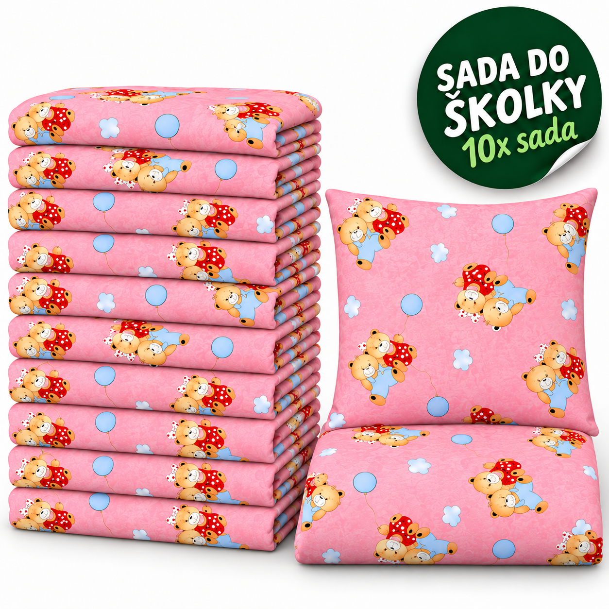 VÝHODNÁ SADA 10× bavlněné dětské povlečení – Medvídci s balónky, růžová