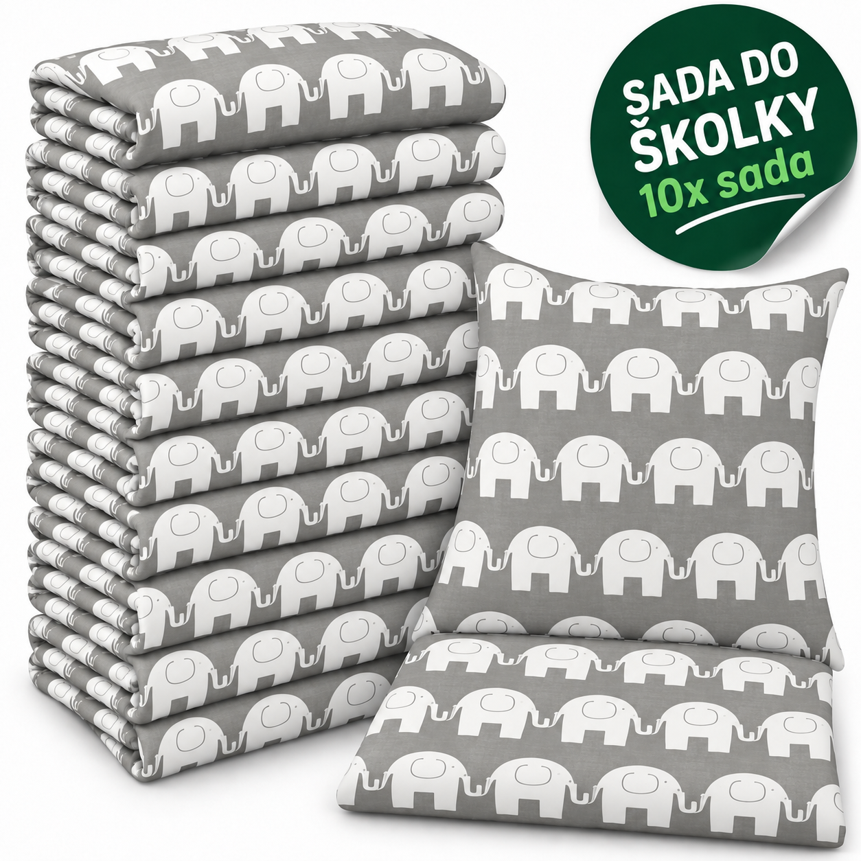 VÝHODNÁ SADA 10× bavlněné dětské povlečení – Sloni, šedá