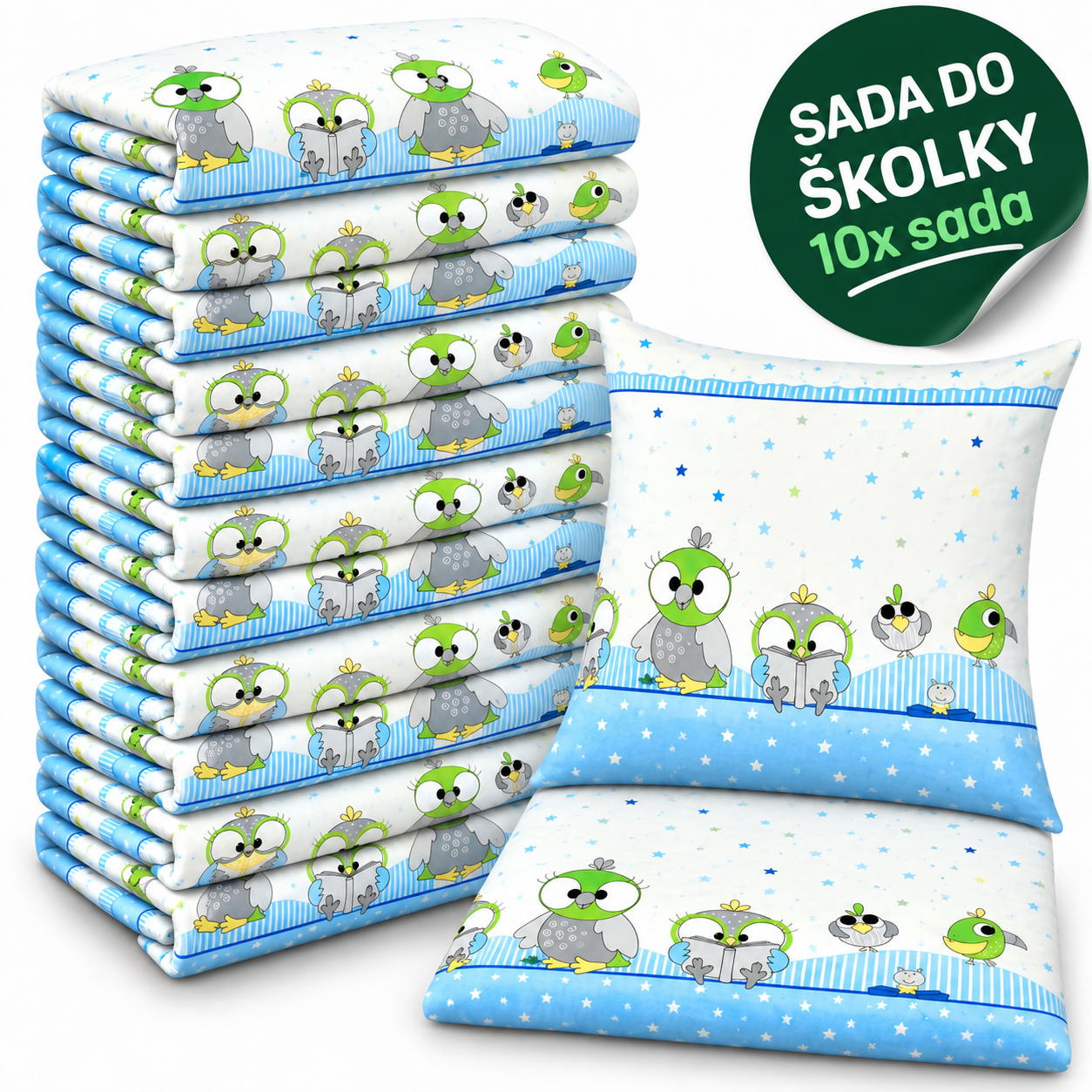 VÝHODNÁ SADA 10× bavlněné dětské povlečení – Sovičky, modrá