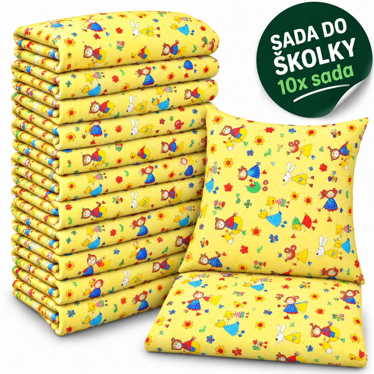 VÝHODNÁ SADA 10× krepové dětské povlečení – Holčička s medvídkem, žlutá