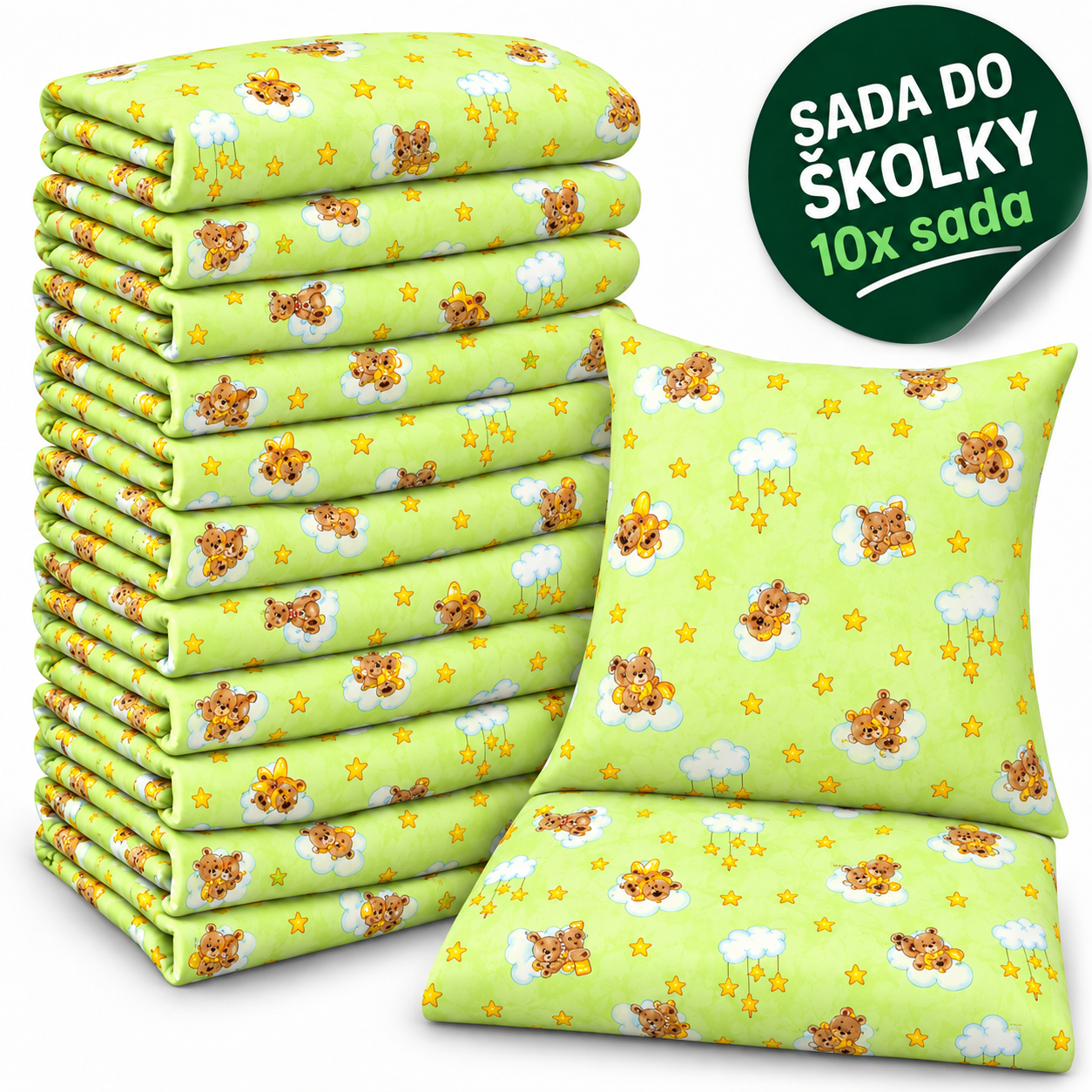 VÝHODNÁ SADA 10× krepové dětské povlečení – Létající medvídci, zelená