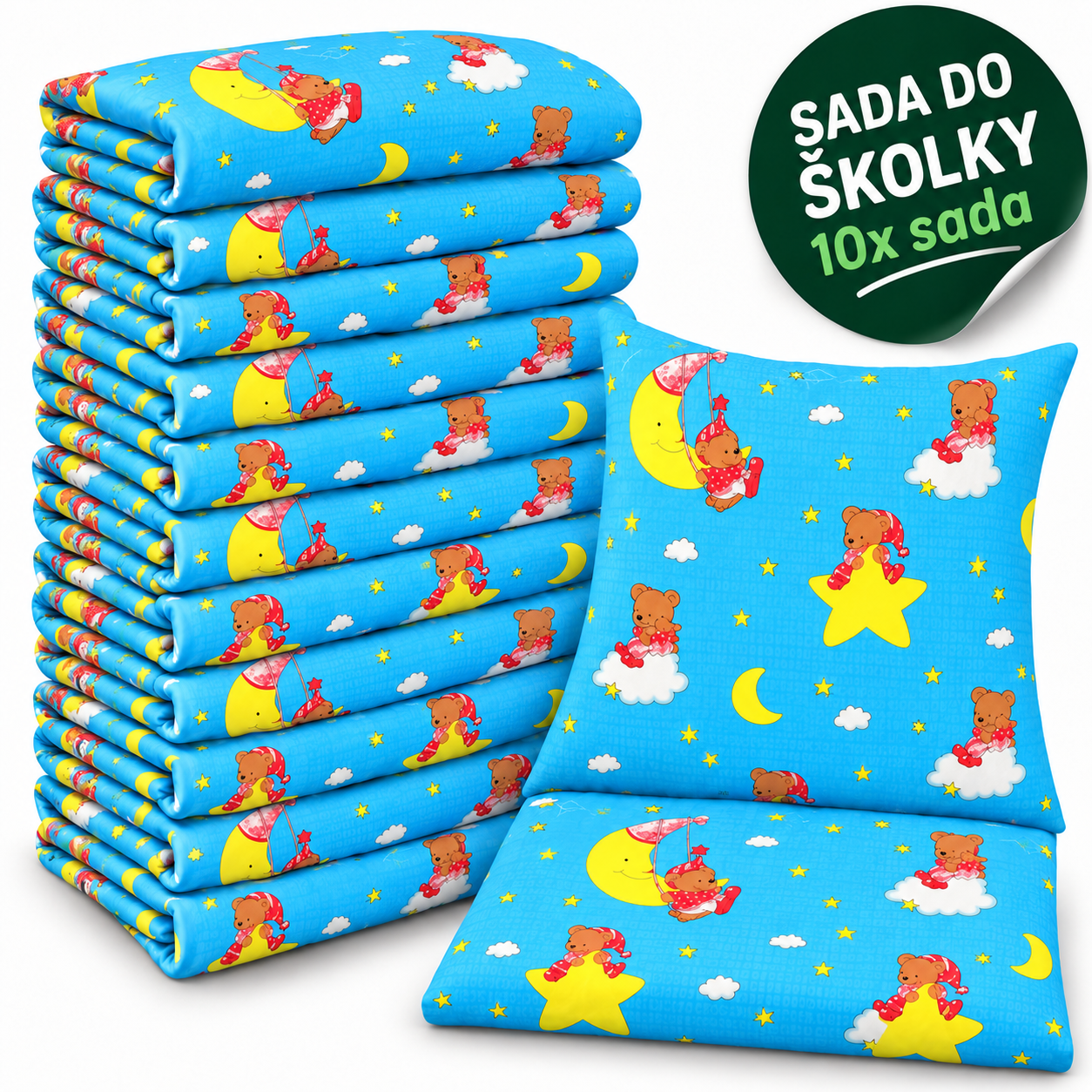 VÝHODNÁ SADA 10× krepové dětské povlečení – Medvídek na měsíci, světle modrá