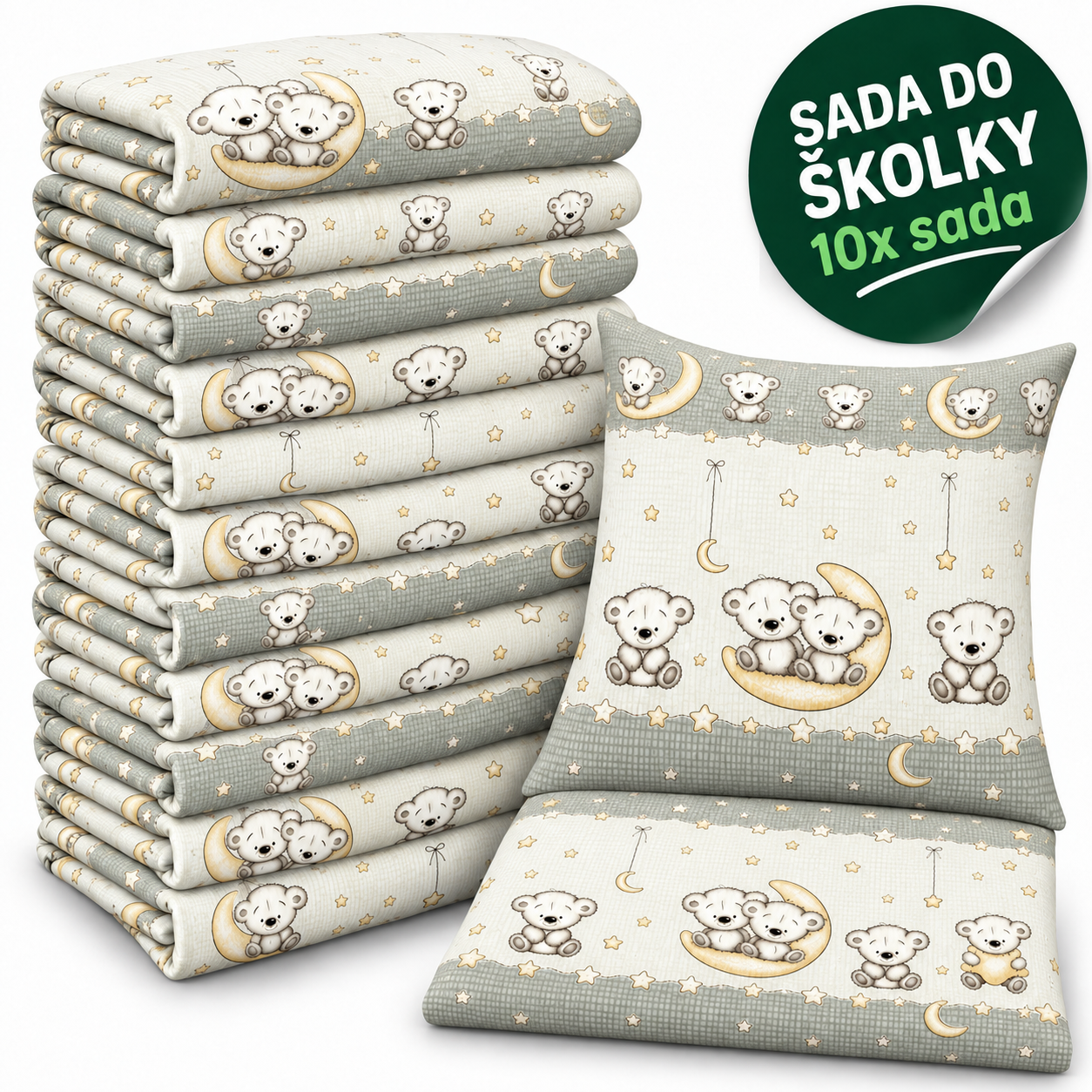 VÝHODNÁ SADA 10× krepové dětské povlečení – Medvědí rodinka, šedá