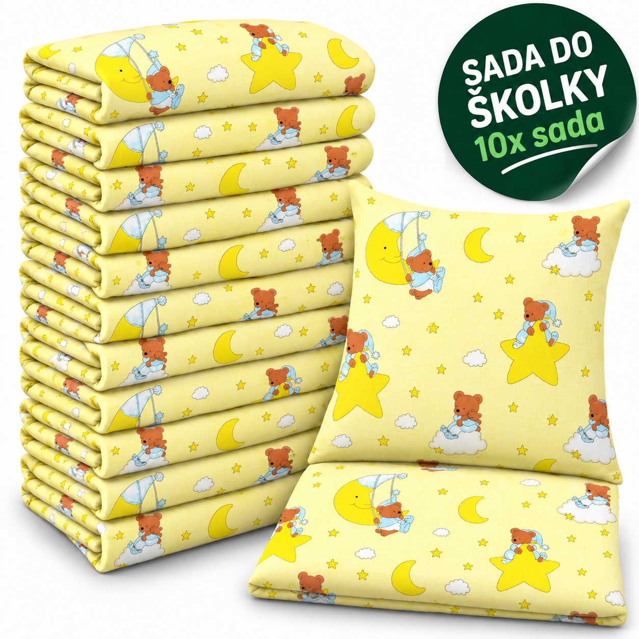 VÝHODNÁ SADA 10× krepové dětské povlečení – Medvídek v oblacích, žlutá