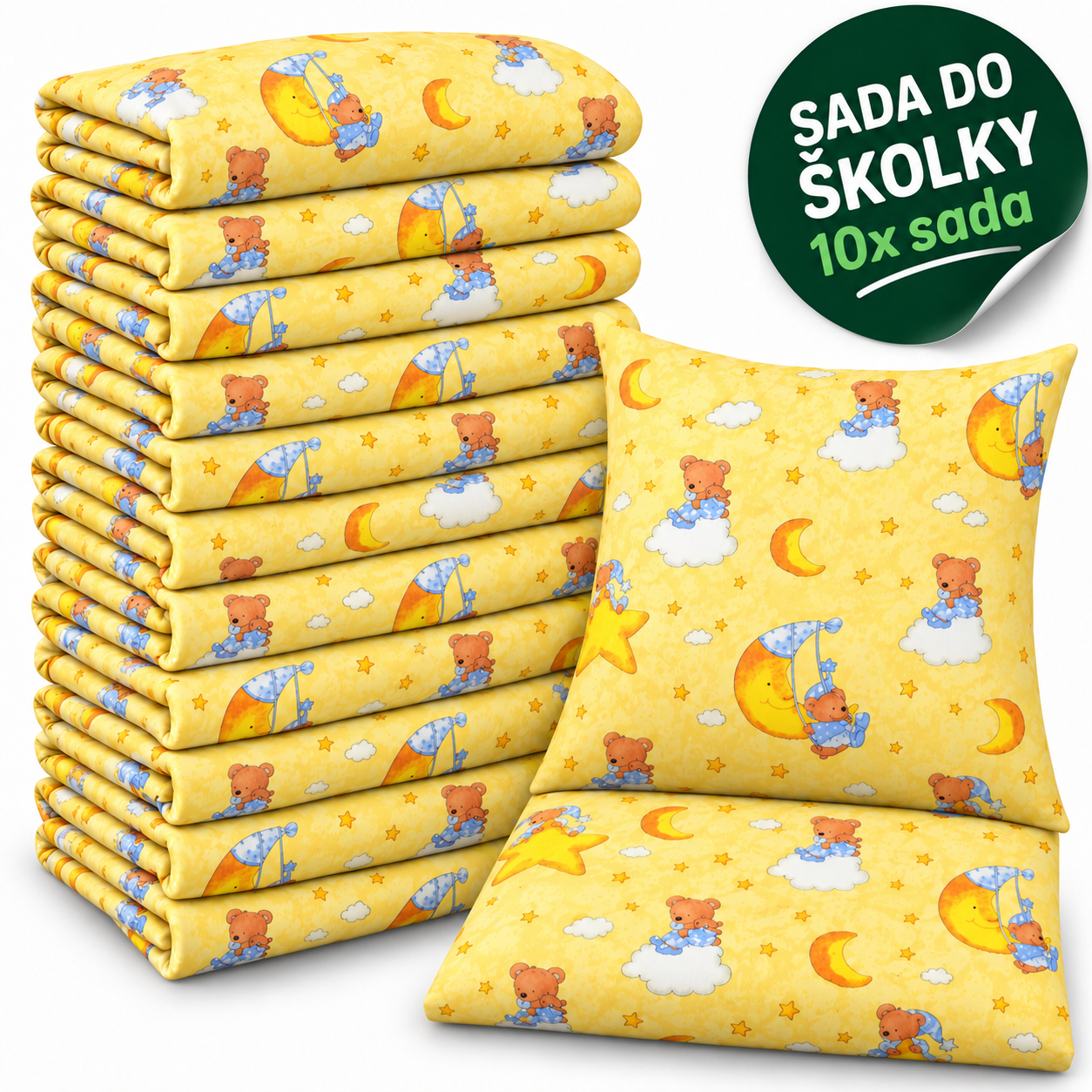 VÝHODNÁ SADA 10× krepové dětské povlečení – Medvídek na měsíci, žlutá