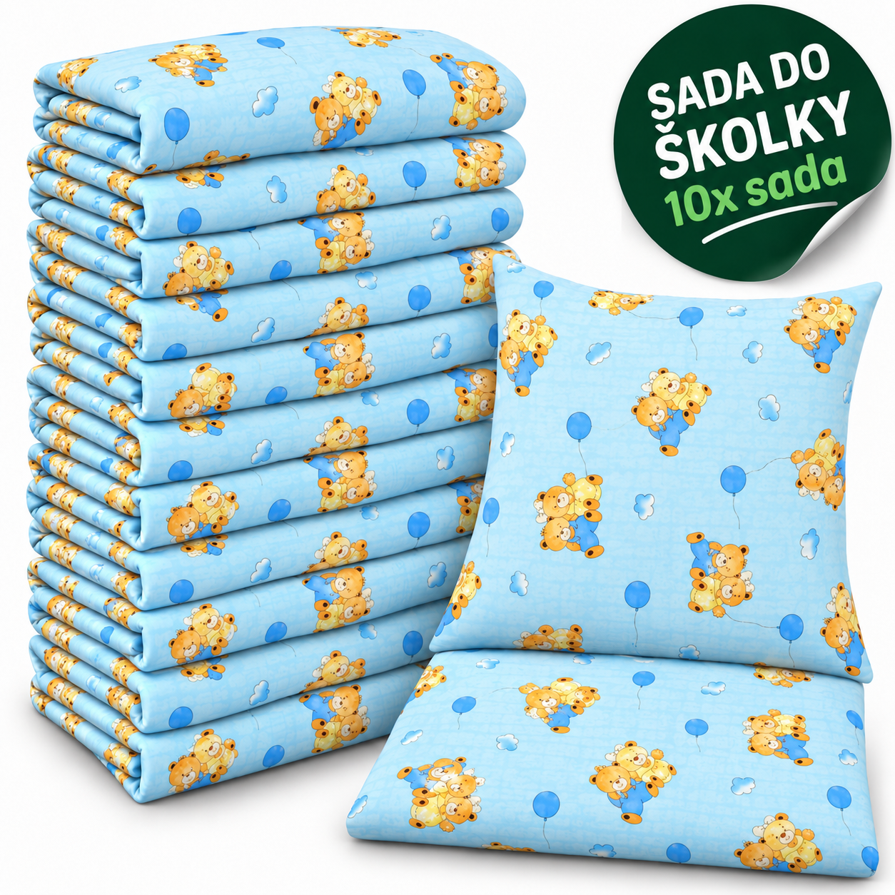 VÝHODNÁ SADA 10× krepové dětské povlečení – Medvídci s balónky, modrá