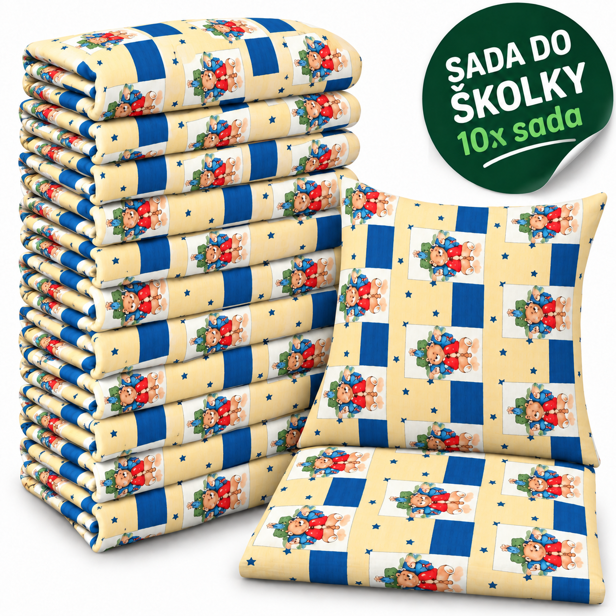 VÝHODNÁ SADA 10× krepové dětské povlečení – Medvídci ve čtvercích