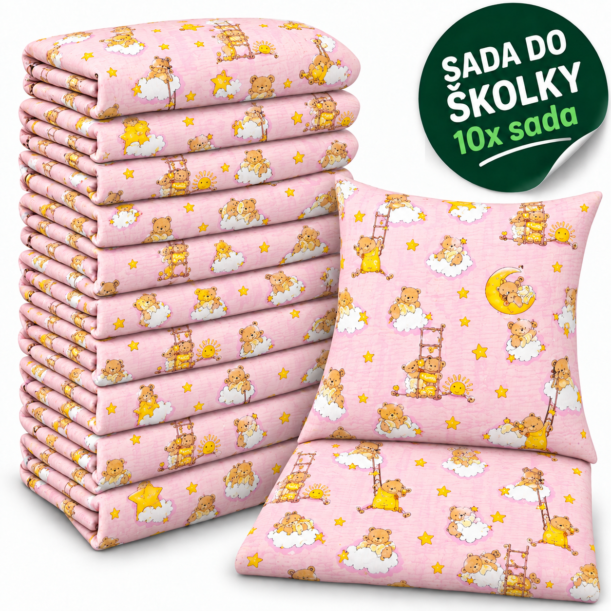 VÝHODNÁ SADA 10× krepové dětské povlečení – Medvídci na obláčcích, růžová