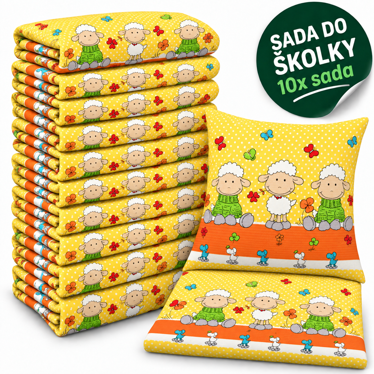 VÝHODNÁ SADA 10× krepové dětské povlečení – Ovečky, oranžová