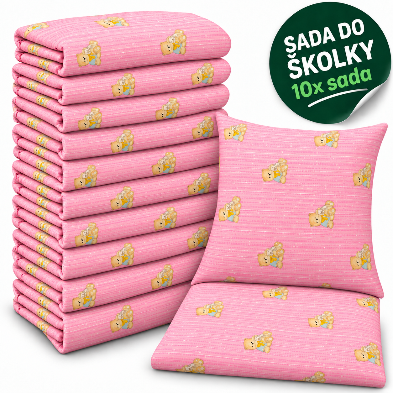 VÝHODNÁ SADA 10× krepové dětské povlečení – Medvídci, růžová