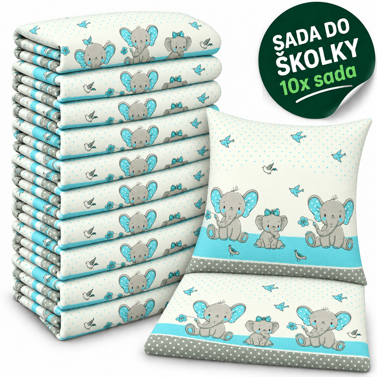 VÝHODNÁ SADA 10× krepové dětské povlečení – Sloní rodinka, tyrkysová