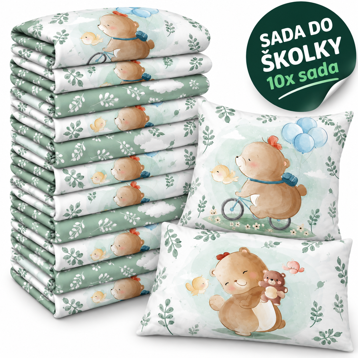 VÝHODNÁ SADA 10× bavlněné dětské povlečení – Medvídek na kole