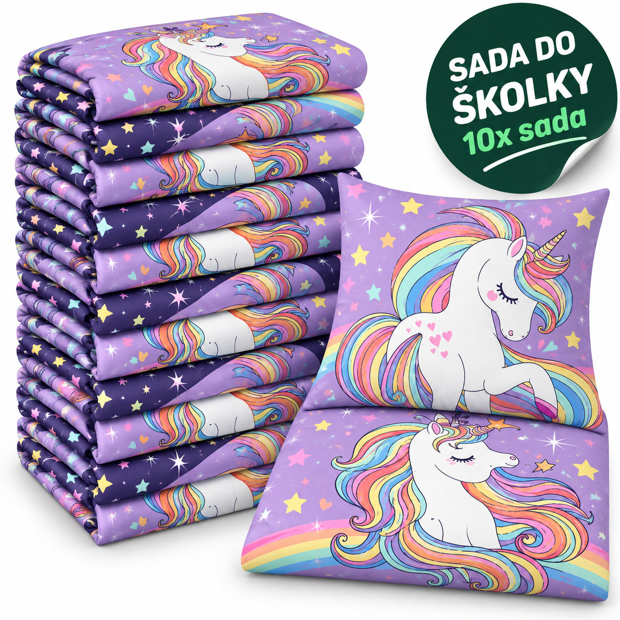 VÝHODNÁ SADA 10× bavlněné dětské povlečení – Duhový jednorožec, fialová