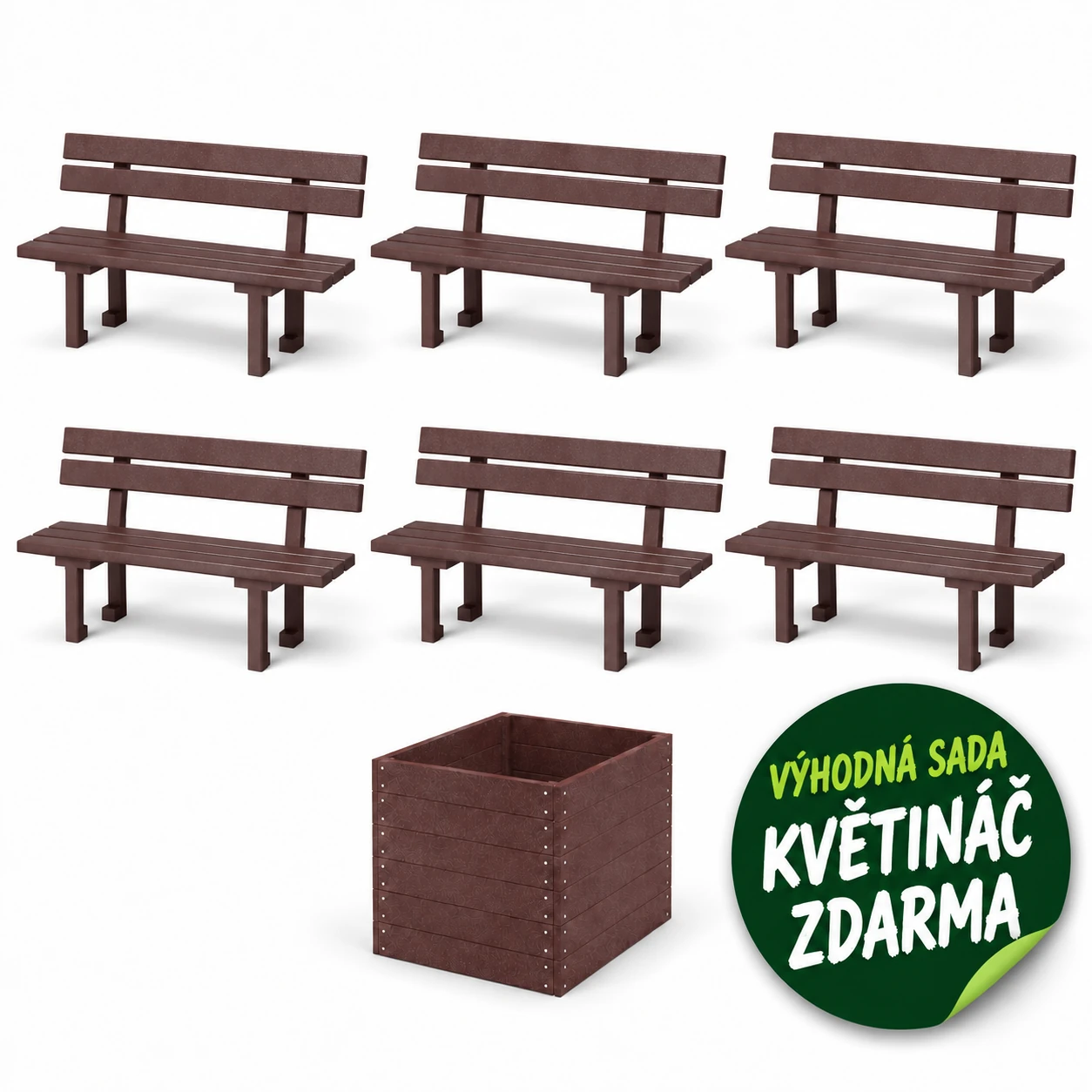 VÝHODNÁ SADA 6 ZA LEPŠÍ CENU - 6x Venkovní lavička AŇA, recyklát + květináč ZDARMA
