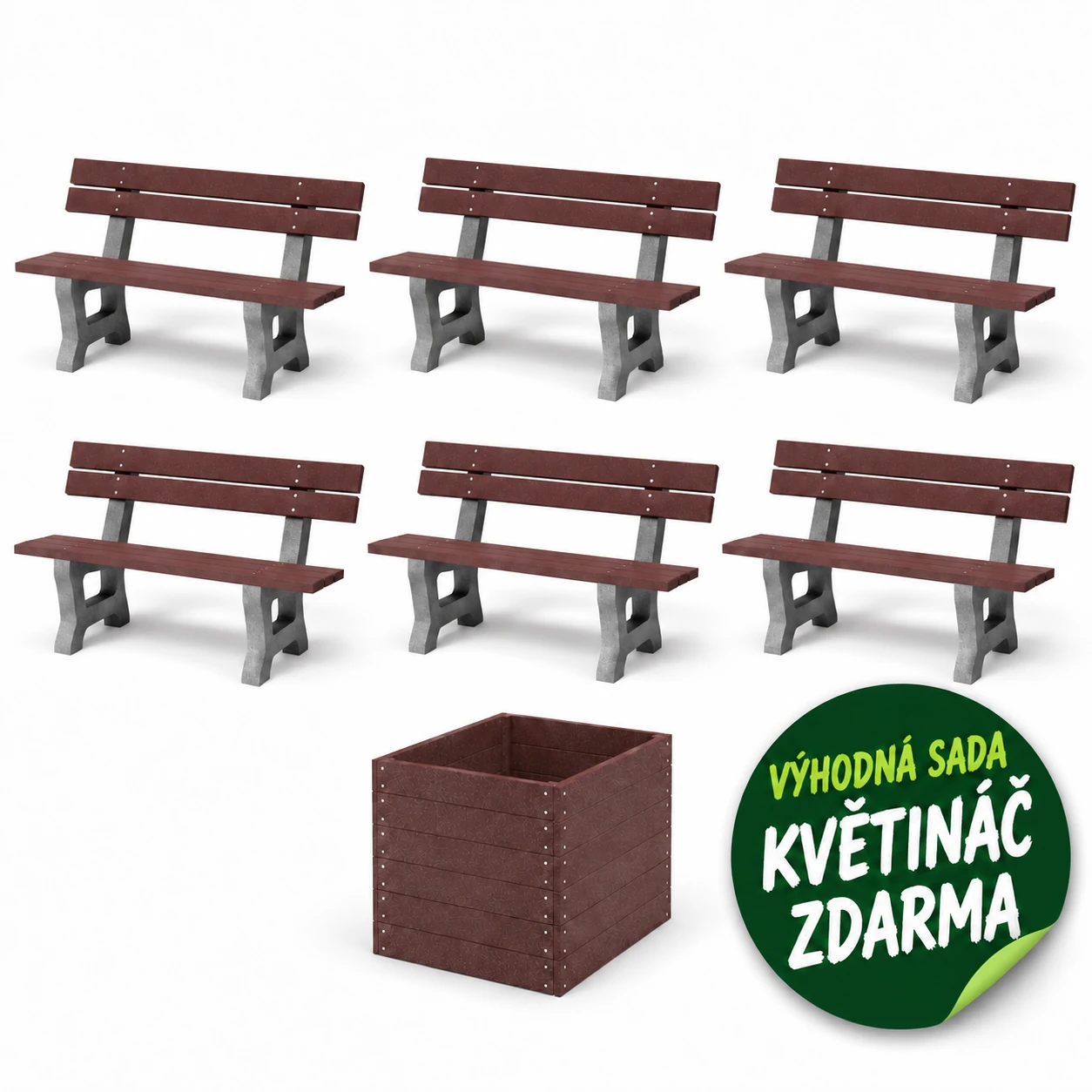 VÝHODNÁ SADA 6 ZA LEPŠÍ CENU - 6x Venkovní lavička HÁŇA, recyklát + květináč ZDARMA