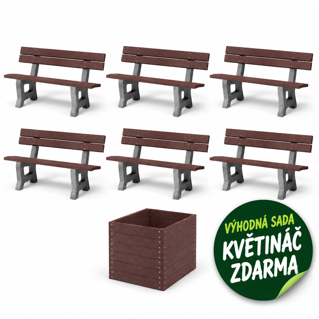 VÝHODNÁ SADA 6 ZA LEPŠÍ CENU - 6x Venkovní lavička MÁŇA, recyklát + květináč ZDARMA