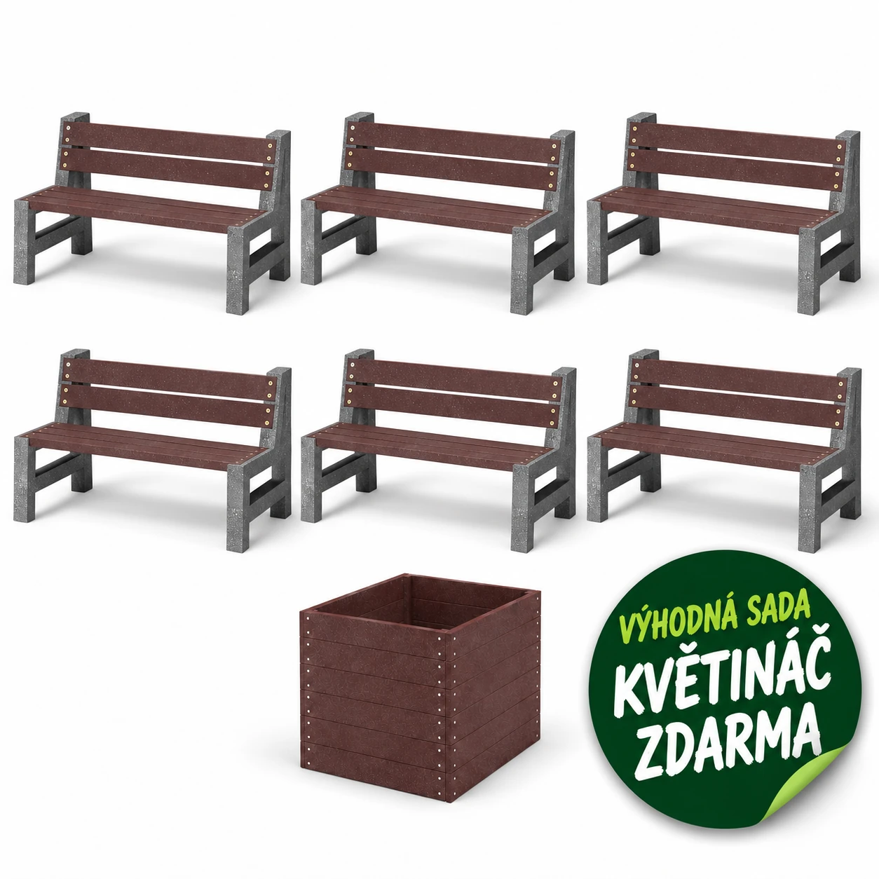 VÝHODNÁ SADA 6 ZA LEPŠÍ CENU - 6x Venkovní lavička ZAŇA, recyklát + květináč ZDARMA
