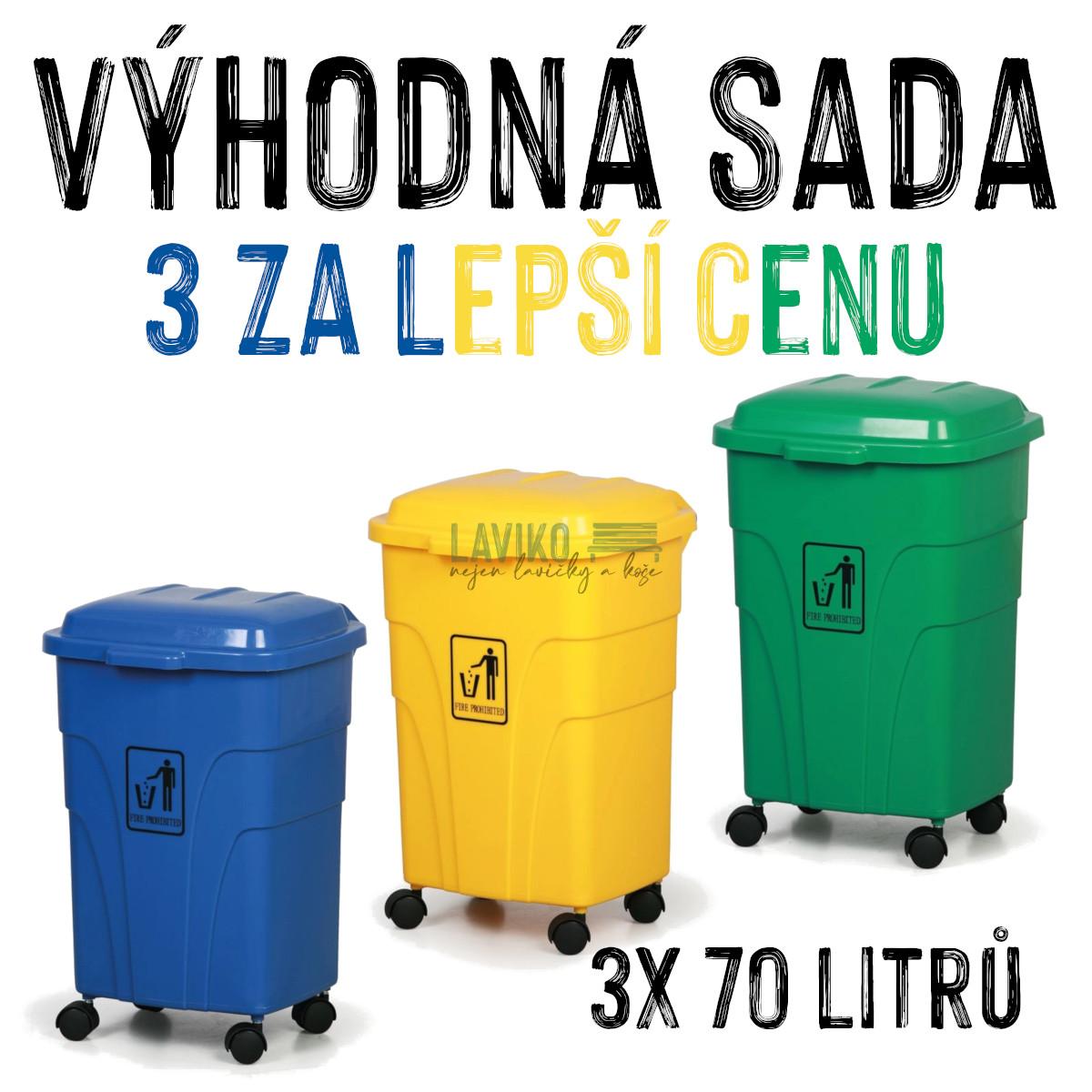 VÝHODNÁ SADA - 3x Pojízdný koš na tříděný odpad KORESA, 70 litrů