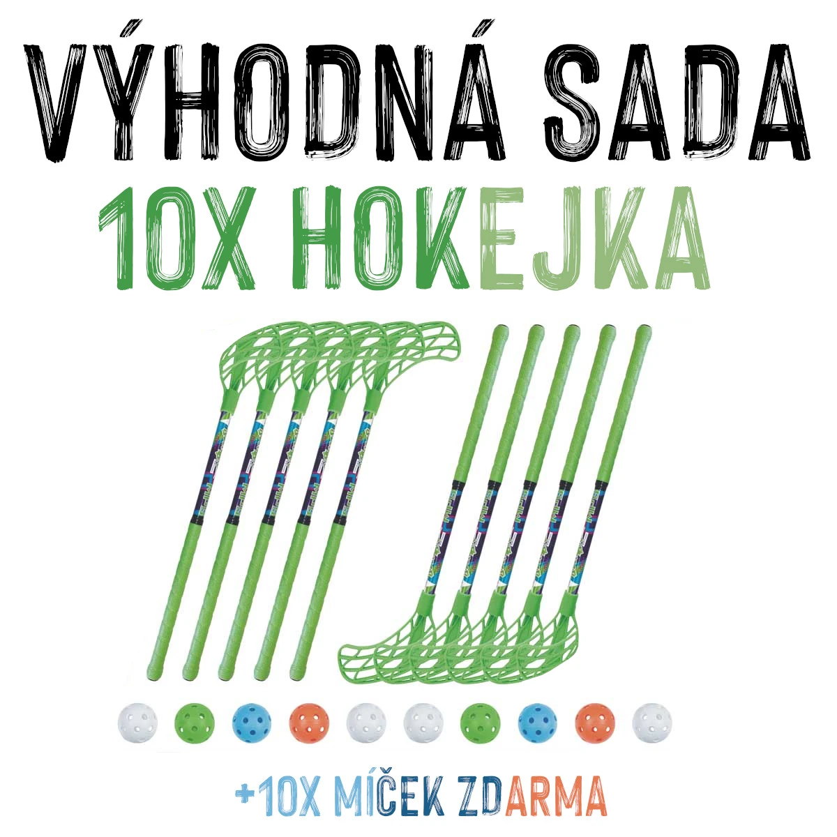 VÝHODNÁ SADA - 10x Florbalová hůl MPS Jungle Mini Zelená, délka 50 cm