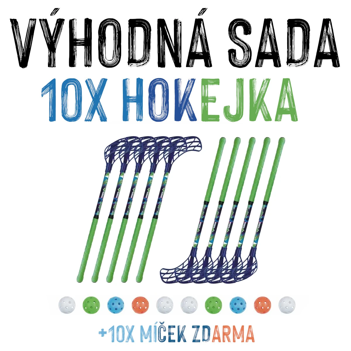 VÝHODNÁ SADA - 10x Florbalová hůl MPS Jungle Mini Modro-zelená, délka 50 cm