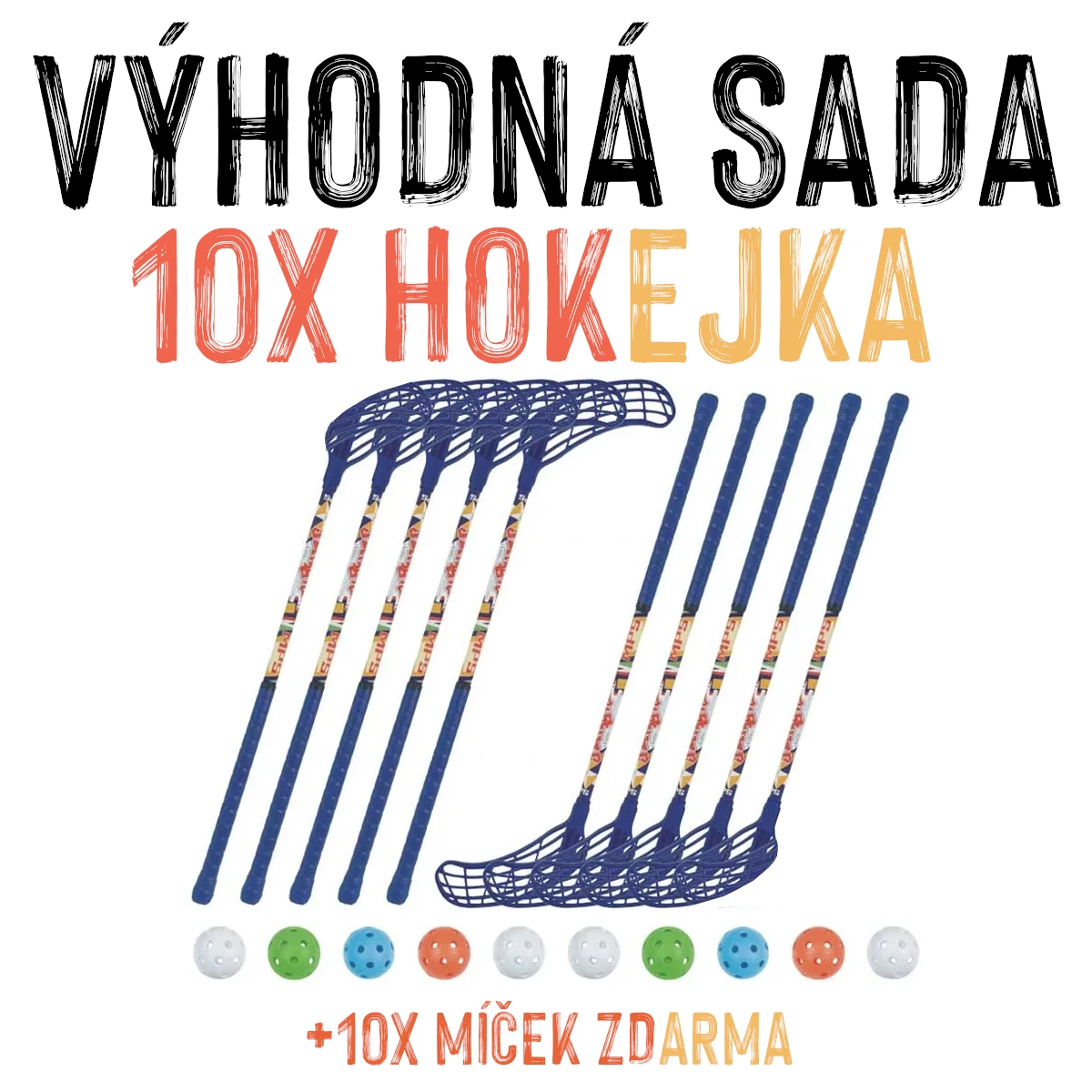 VÝHODNÁ SADA - 10x Florbalová hůl MPS Jungle Modro-oranžová, délka 75 cm