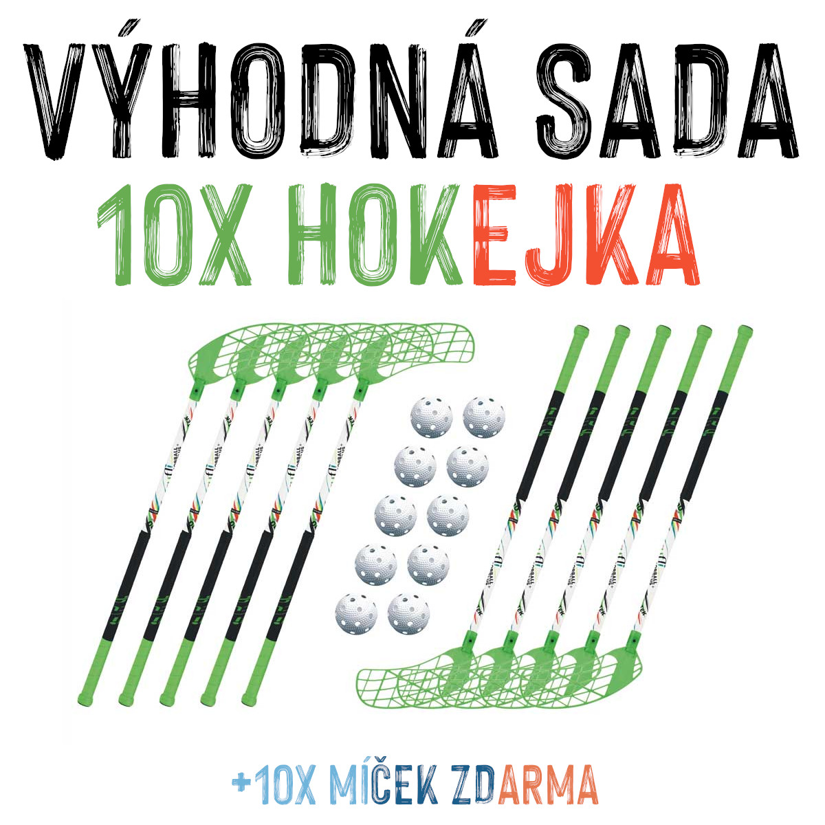 VÝHODNÁ SADA - 10x Florbalová hůl Accufli AirTek A80 Zelená, 80 cm
