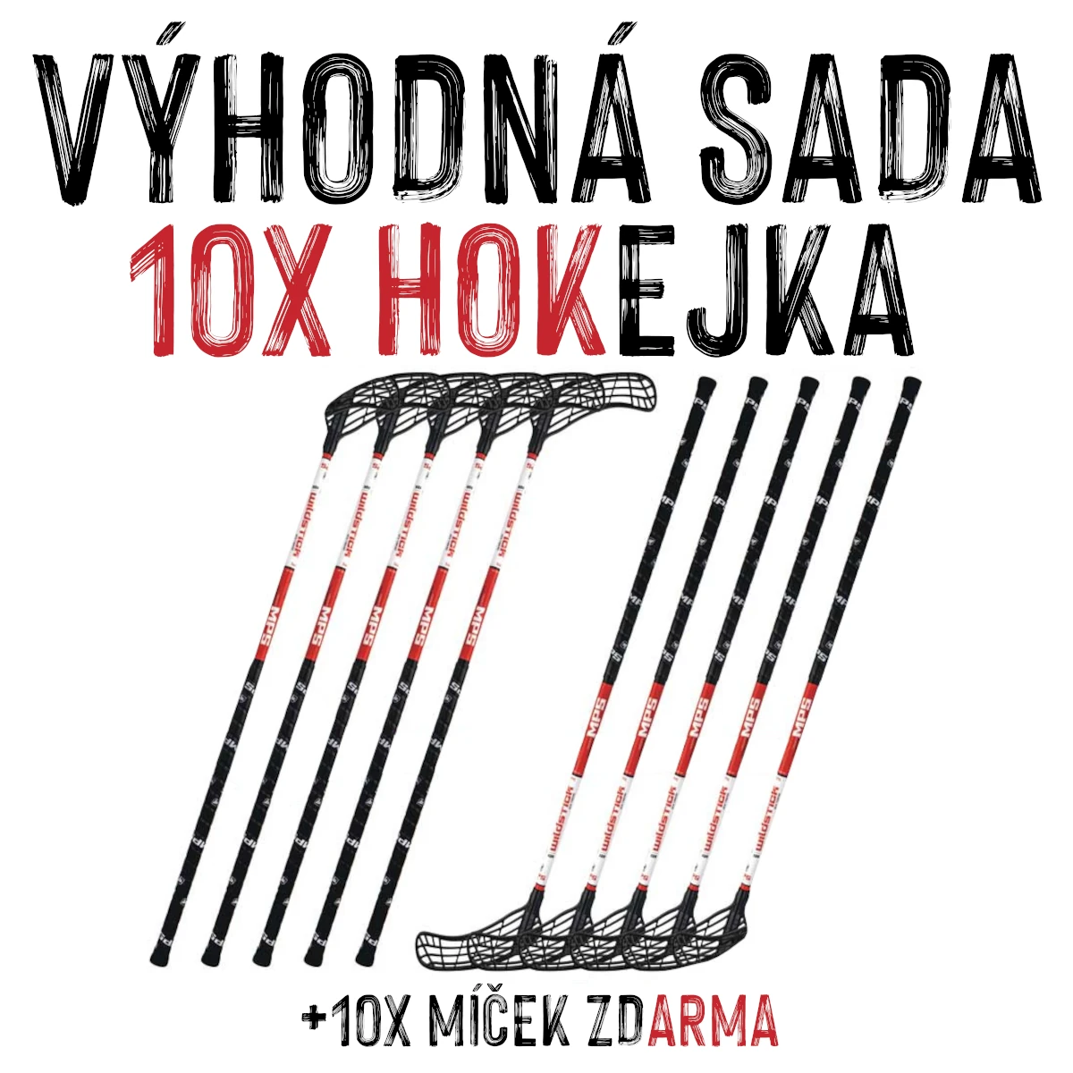 VÝHODNÁ SADA - 10x Florbalová hůl MPS Wildstick Černo-červená, 100 cm