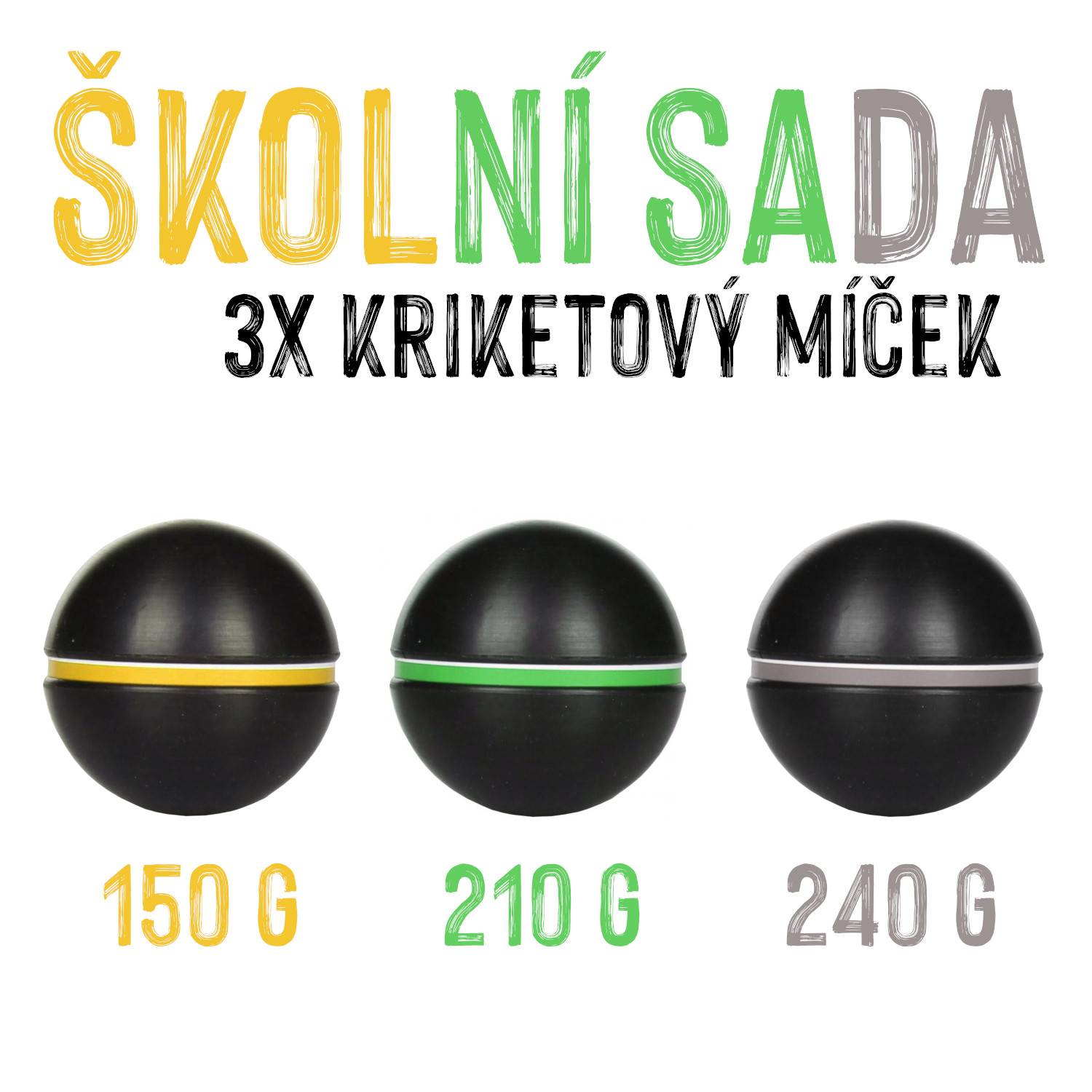 ŠKOLNÍ SADA - 3x Kriketový míček gumový, 150+210+240 gramů