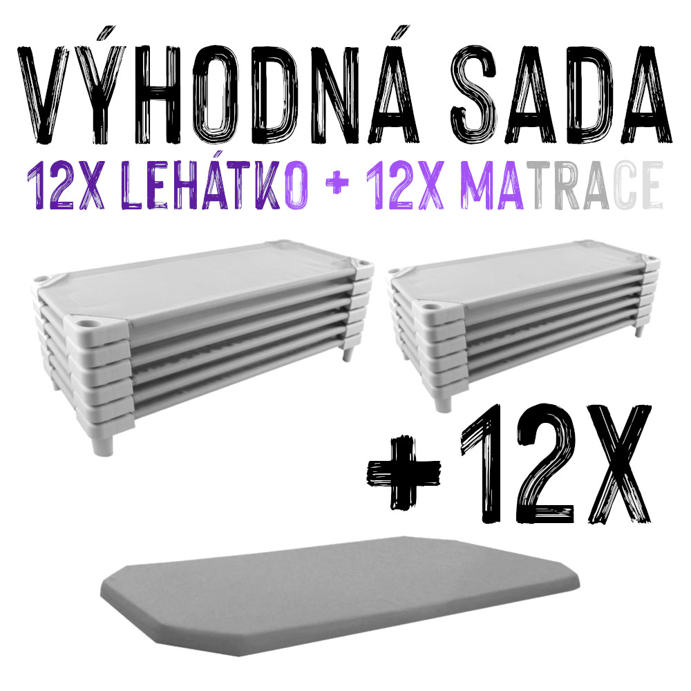 VÝHODNÁ SADA - 12x Dětské lehátko s matrací LEONTÝNKA, šedé