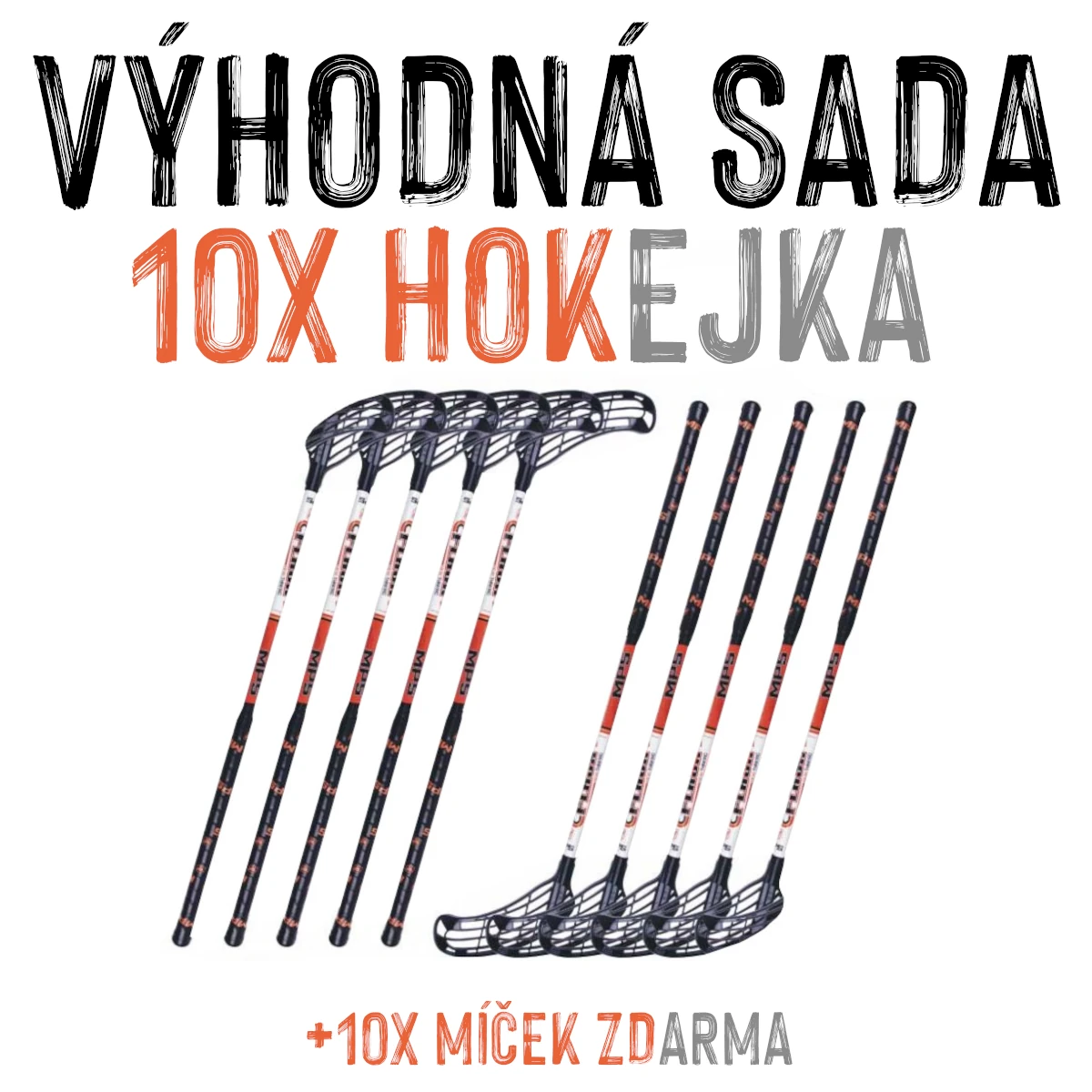 VÝHODNÁ SADA - 10x Florbalová hůl MPS Flash Junior Černo-oranžová, 85 cm