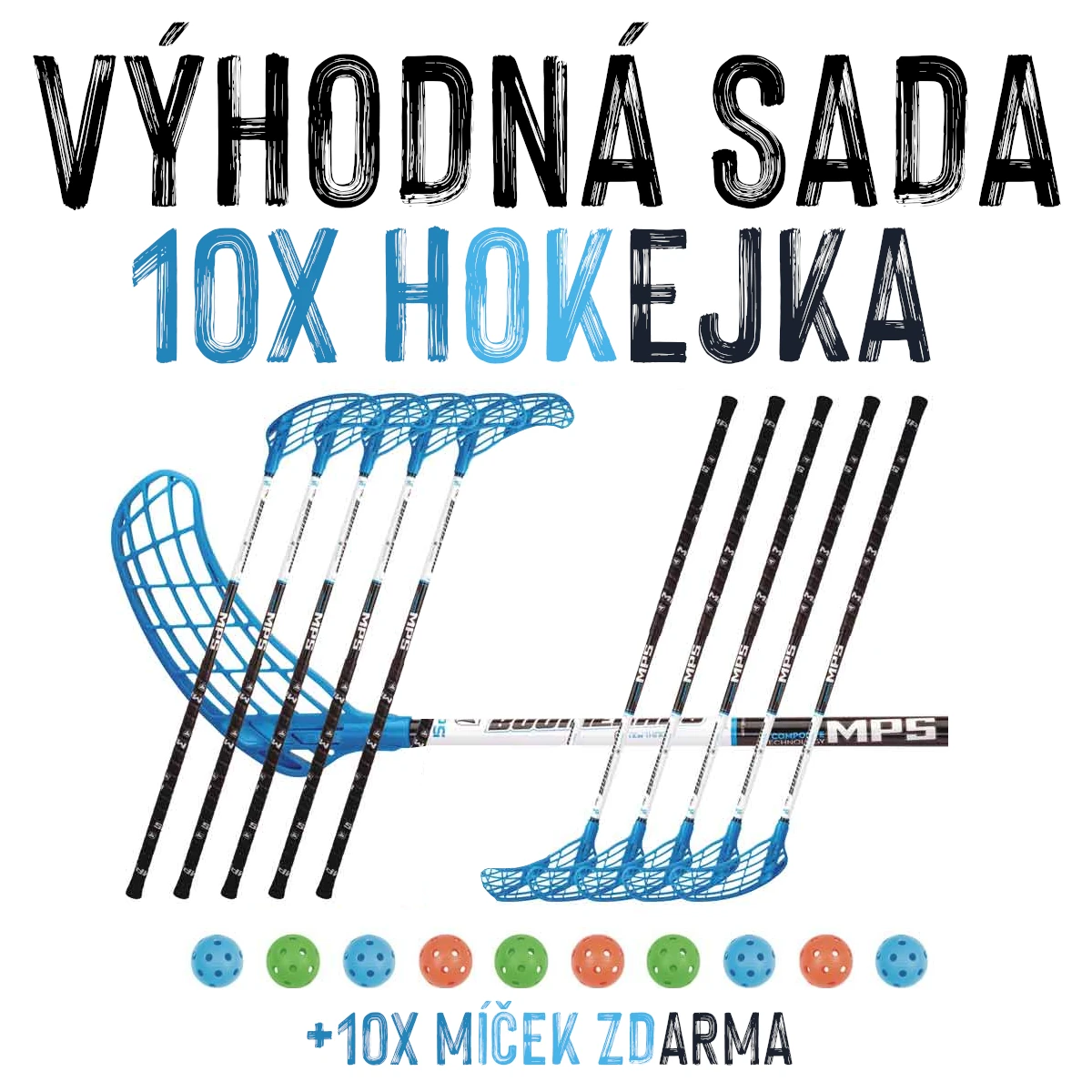 VÝHODNÁ SADA - 10x Florbalová hůl MPS Boomerang Modrá, 95 cm