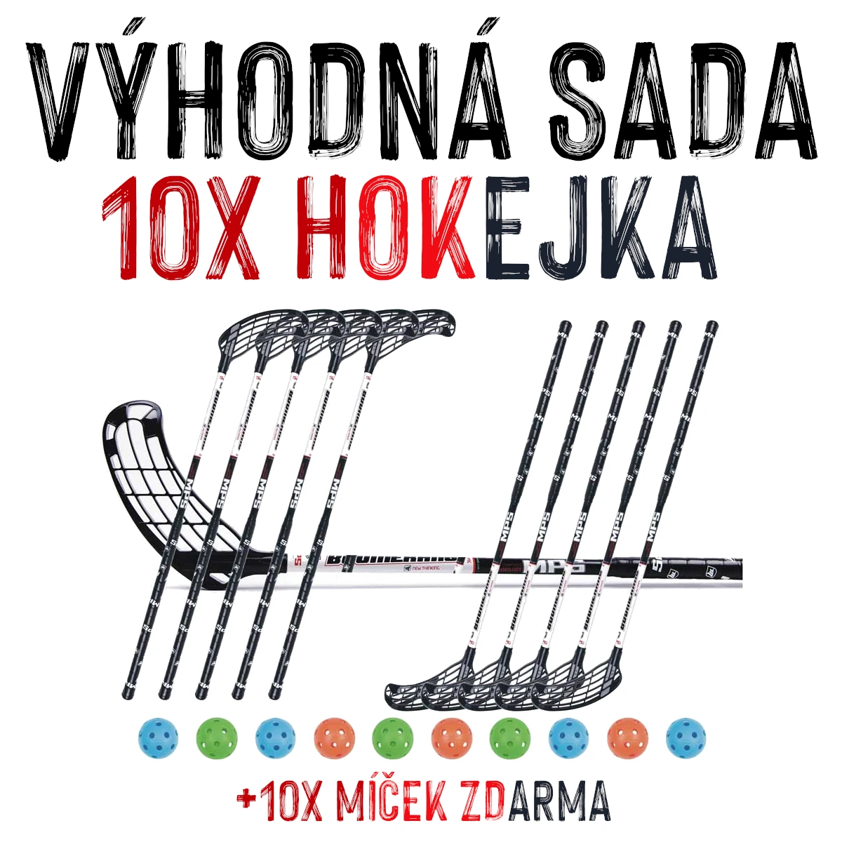 VÝHODNÁ SADA - 10x Florbalová hůl MPS Boomerang Černo-červená, 95 cm
