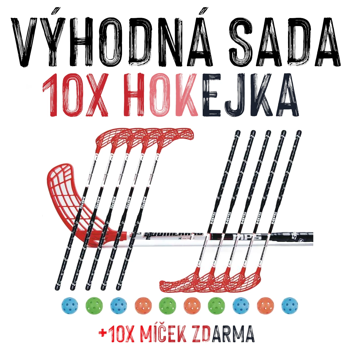 VÝHODNÁ SADA - 10x Florbalová hůl MPS Boomerang Červená, 95 cm