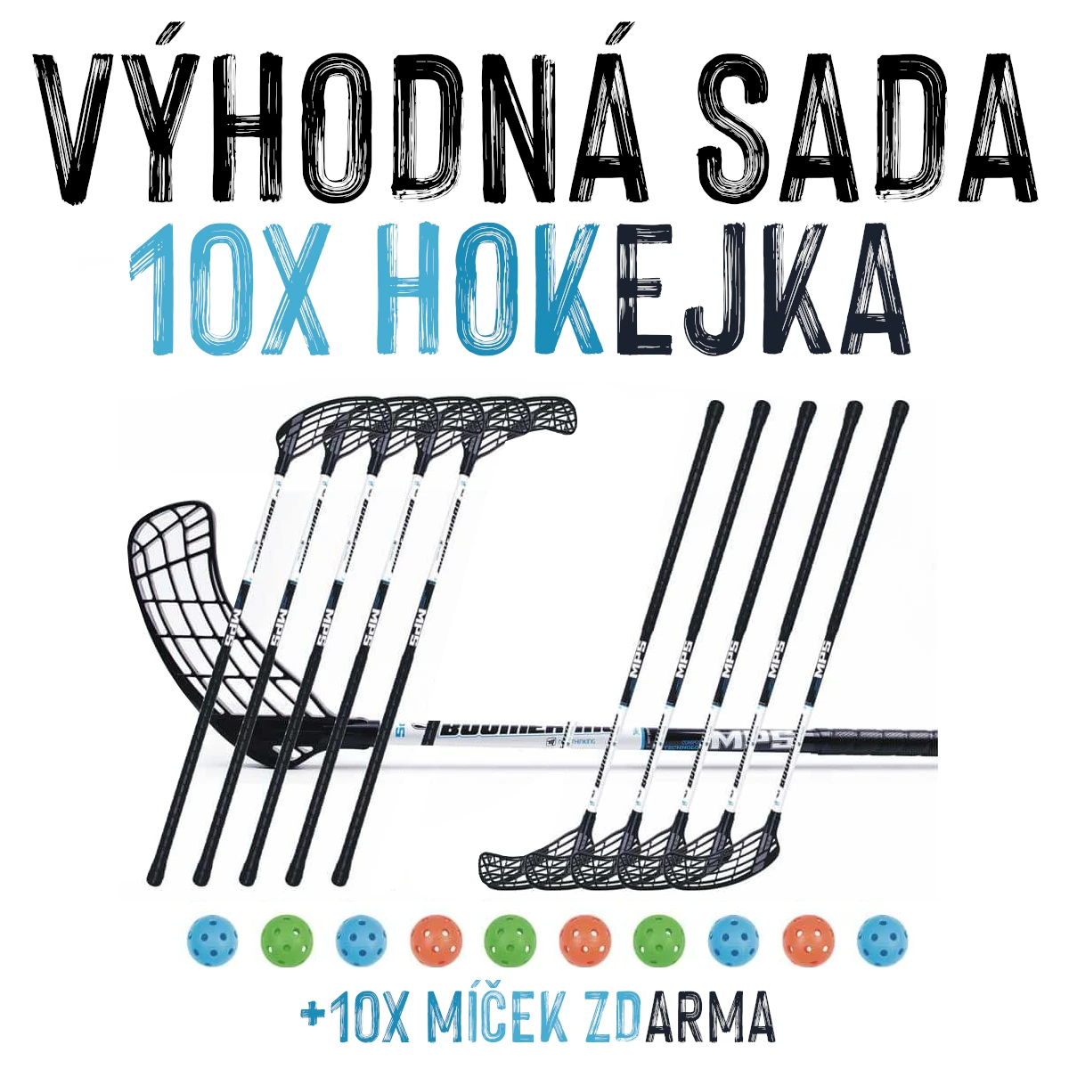 VÝHODNÁ SADA - 10x Florbalová hůl MPS Boomerang Černo-modrá, 95 cm