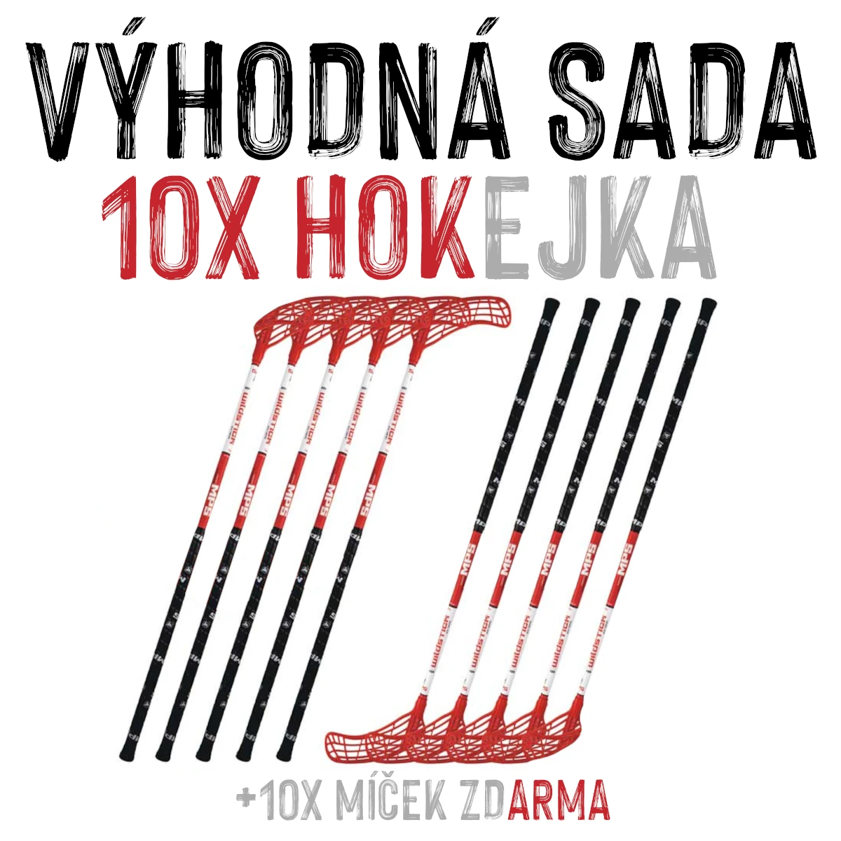 VÝHODNÁ SADA - 10x Florbalová hůl MPS Wildstick Červená, 100 cm
