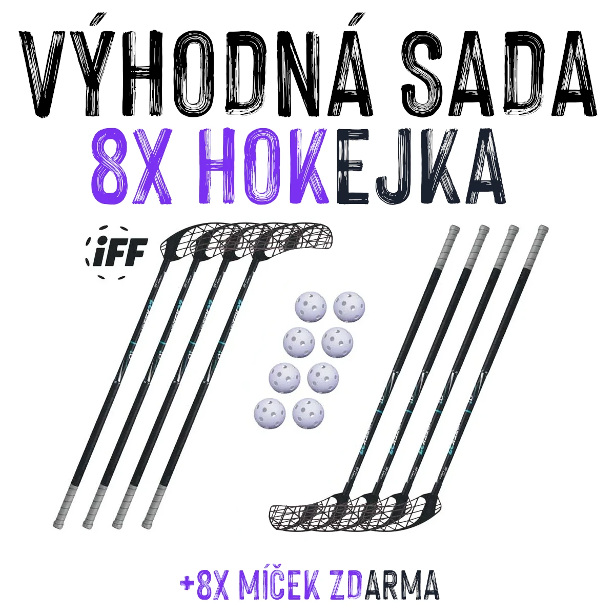 VÝHODNÁ SADA - 8x Florbalová hůl Accufli AirTek IFF Černá, 100 cm